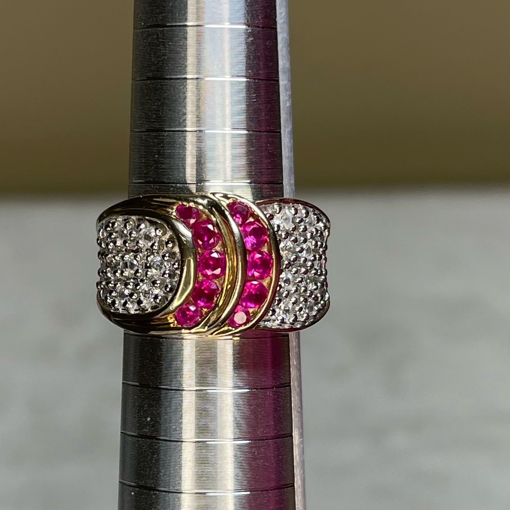 925 Gold Tone Pink Spinel and Rhinestone Ring